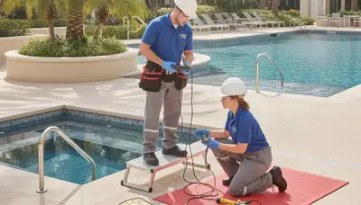 Spa repair technician servicing a home spa in Tulsa, OK for seasonal maintenance and freeze prep