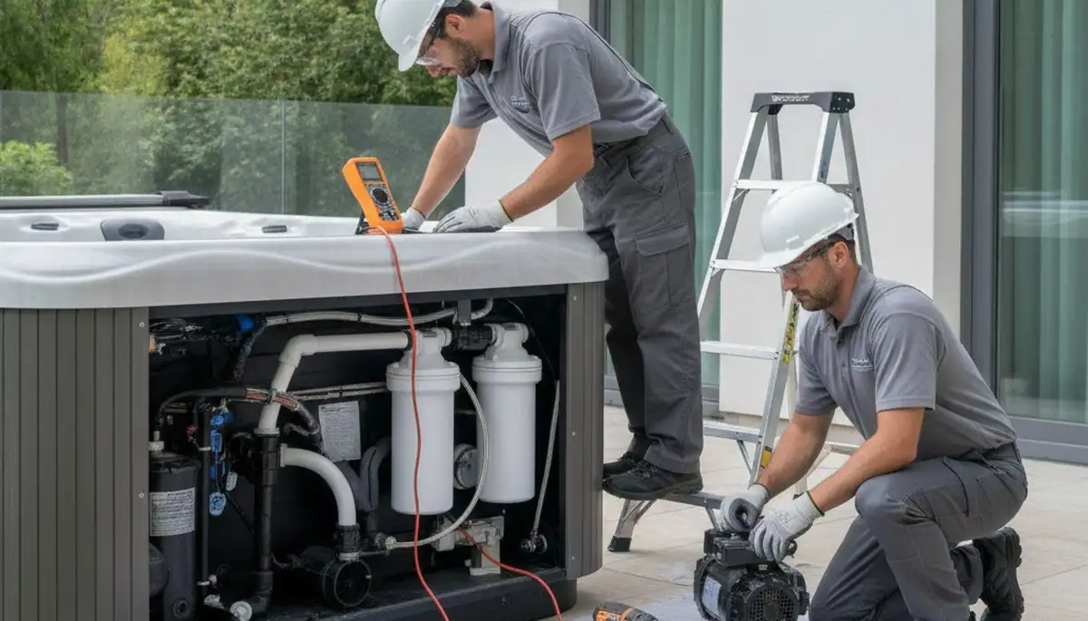 Tulsa, OK spa repair technician servicing a home spa for seasonal maintenance and freeze protection